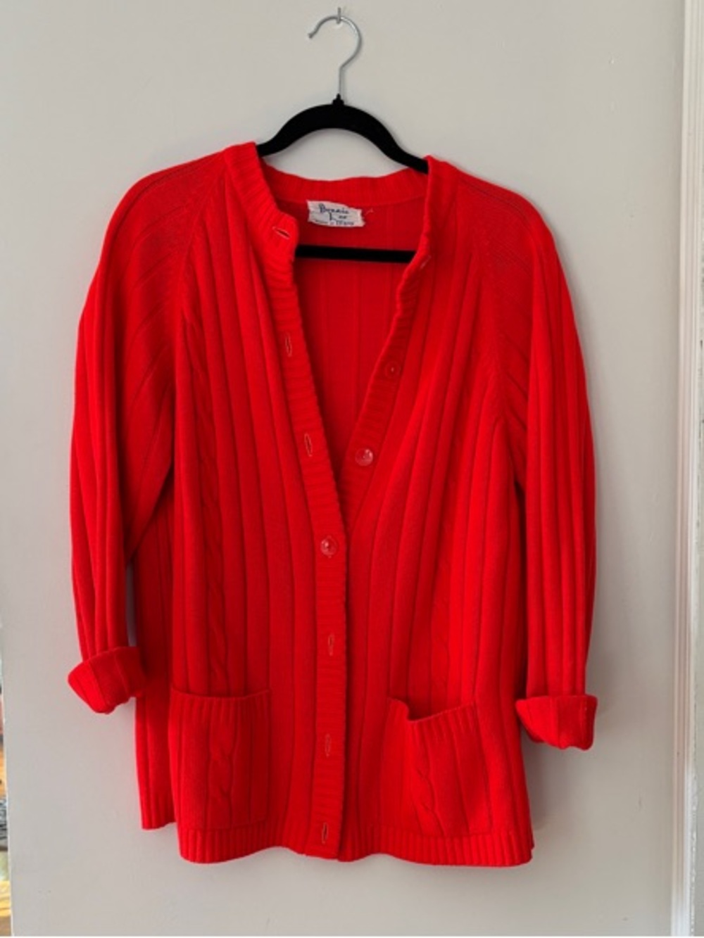 Bright Red Ribbed Button-Front Women's Cardigan